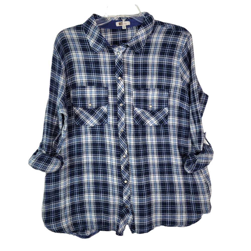 Kut from the Kloth Snap Front Shirt Top XXL Blue White Plaid Long Sleeve Collar